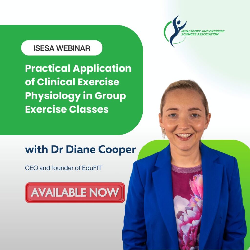 This webinar explored the practical application of clinical exercise physiology in designing and delivering group exercise classes for middle-aged and older adults, including those living with chronic conditions. The session also introduced AgeWell—an Erasmus+ funded, freely available 8-week online multimodal exercise and health education programme for adults across Europe. This may be a useful resource for fitness and other professionals who work with this population.